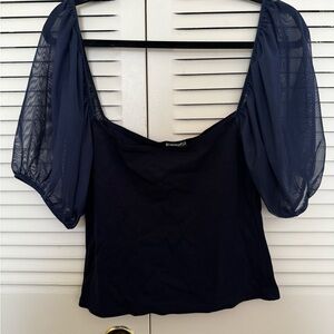Free People Navy Sheer Puff Sleeve Camisole